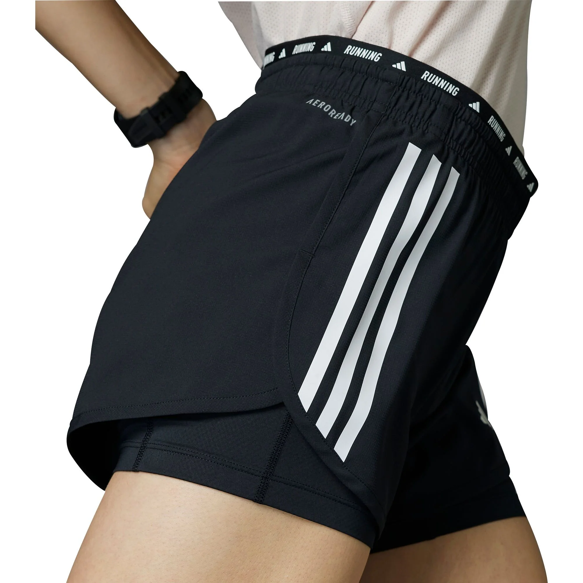 adidas Own The Run 3 Stripes 2 In 1 Womens Running Shorts - Black - Image 3