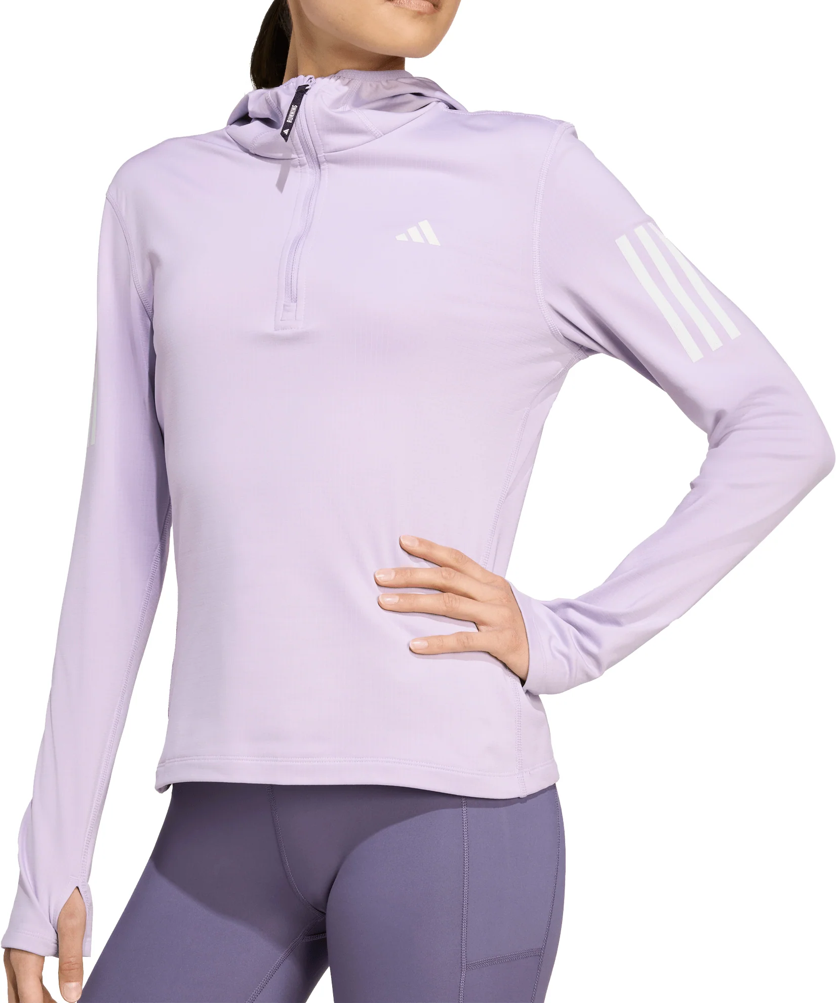 adidas Own The Run Winterized Hooded Half Zip Long Sleeve Womens Running Top - Purple - Image 3